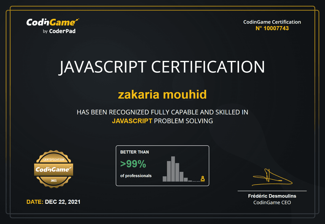 JavaScript Problem Solving Certification certificate