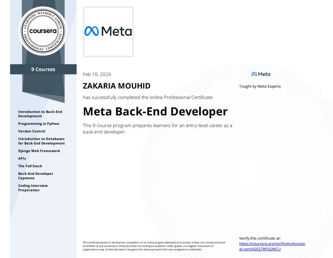 Meta Back-End Developer Professional Certificate(v.1) certificate