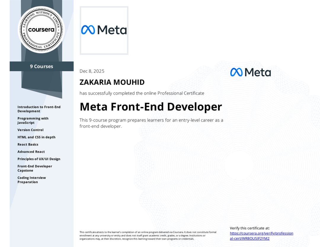 Meta Front-End Developer Professional Certificate(v.1) certificate