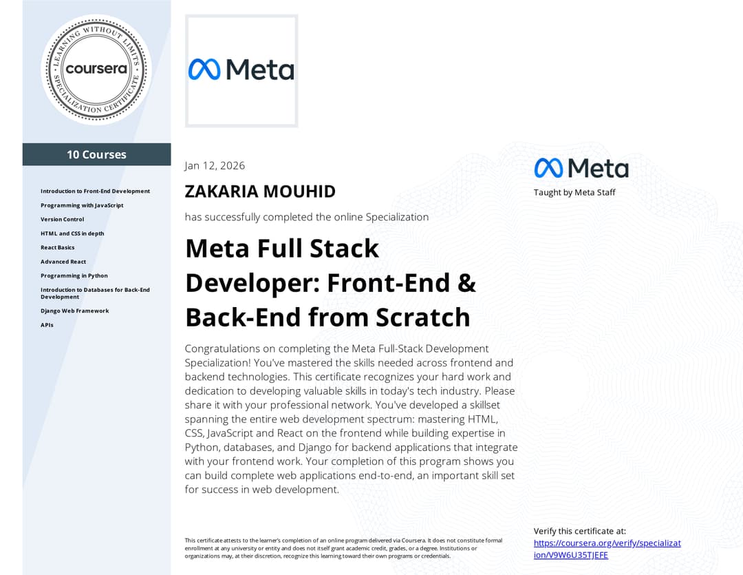 Meta Full Stack Developer: Front-End & Back-End from Scratch certificate